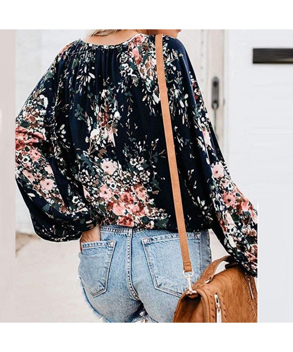 Floral Blouses for Womens Leaves Feather Flared Long Sleeve V Neck Bandage Drawstring Tunic Tops Casual Tshirt 5 Navy - CU18W...