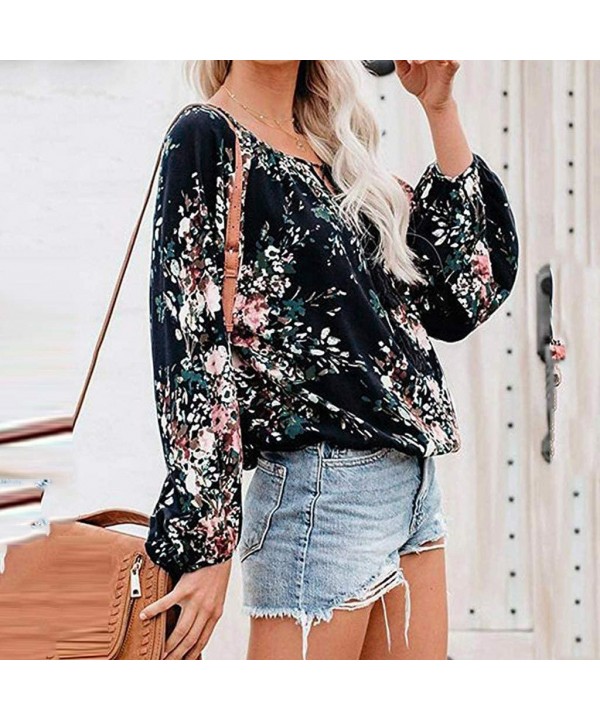 Floral Blouses for Womens Leaves Feather Flared Long Sleeve V Neck Bandage Drawstring Tunic Tops Casual Tshirt 5 Navy - CU18W...