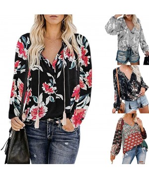 Floral Blouses for Womens Leaves Feather Flared Long Sleeve V Neck Bandage Drawstring Tunic Tops Casual Tshirt 5 Navy - CU18W...