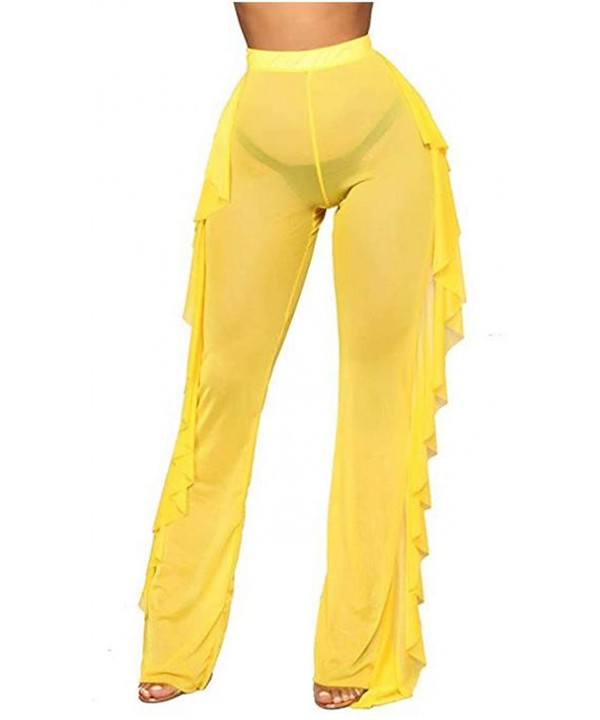 Women Sexy Perspective Mesh Sheer Swim Shorts Pants Bikini Bottom Cover up Ruffle Clubwear Pants - Yellow - CA18TY7SWG2 $10.7...