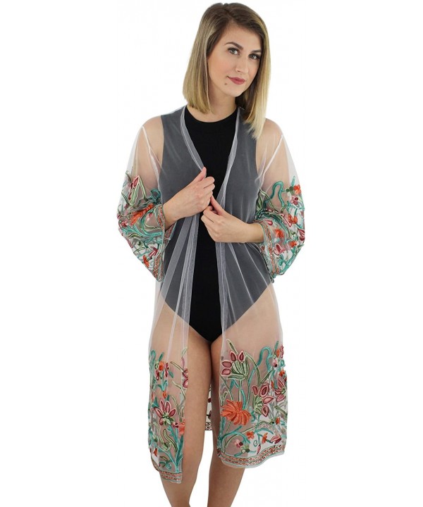 Floral Embroidered Mesh Kimono Cover Up - Ivory - CS18DXAA80O $21.18-Cover-Ups