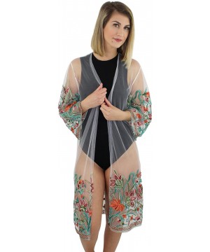 Floral Embroidered Mesh Kimono Cover Up - Ivory - CS18DXAA80O $21.18-Cover-Ups