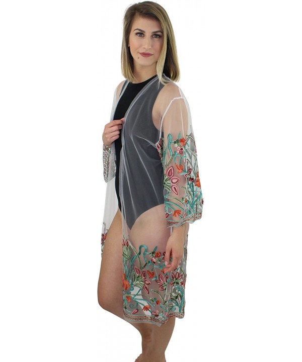 Floral Embroidered Mesh Kimono Cover Up - Ivory - CS18DXAA80O $21.18-Cover-Ups