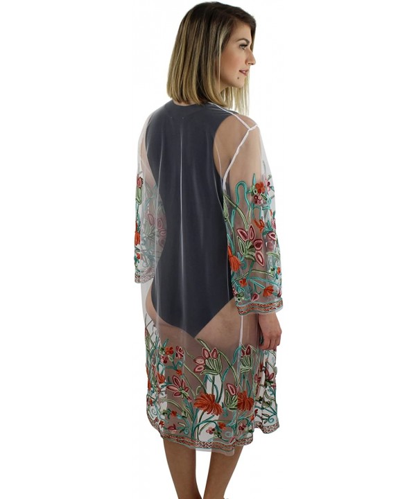 Floral Embroidered Mesh Kimono Cover Up - Ivory - CS18DXAA80O $21.18-Cover-Ups