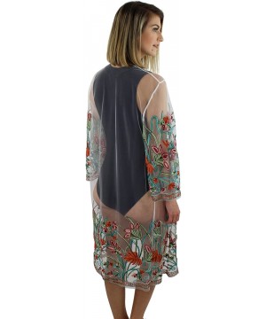 Floral Embroidered Mesh Kimono Cover Up - Ivory - CS18DXAA80O $21.18-Cover-Ups