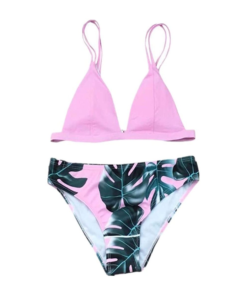 Lady Swimwear Separates Bikini Set Print Leaves Bottoms Push Up Padded Top Bathing Suits Swimsuit 2 Piece Z pink - CS18SSNI23...