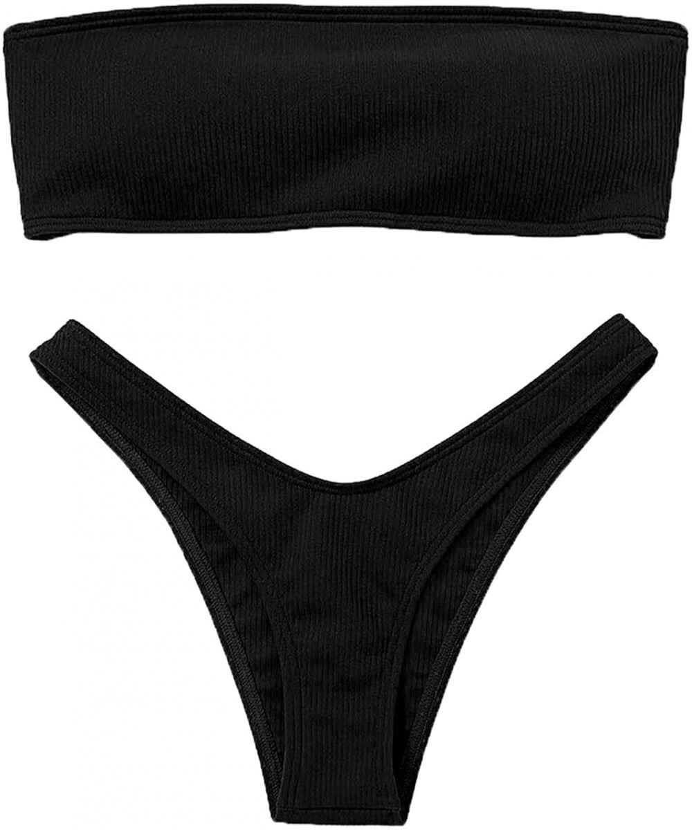 Women Bandeau Bikini Set Strapless Adjustable Back Lace-up Bathing Suit - Black - CQ18QR9MQLR $21.59-Sets