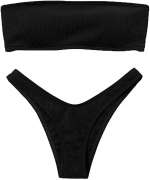 Women Bandeau Bikini Set Strapless Adjustable Back Lace-up Bathing Suit - Black - CQ18QR9MQLR $21.59-Sets