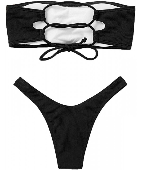 Women Bandeau Bikini Set Strapless Adjustable Back Lace-up Bathing Suit - Black - CQ18QR9MQLR $21.59-Sets