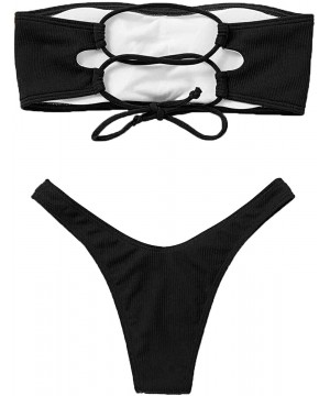 Women Bandeau Bikini Set Strapless Adjustable Back Lace-up Bathing Suit - Black - CQ18QR9MQLR $21.59-Sets