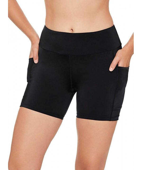 Women's Swimwear Solid Yoga High Waist Tummy Control Swim Short Bottom with Pockets - Black - C9192ROTXYE $37.00-Tankinis