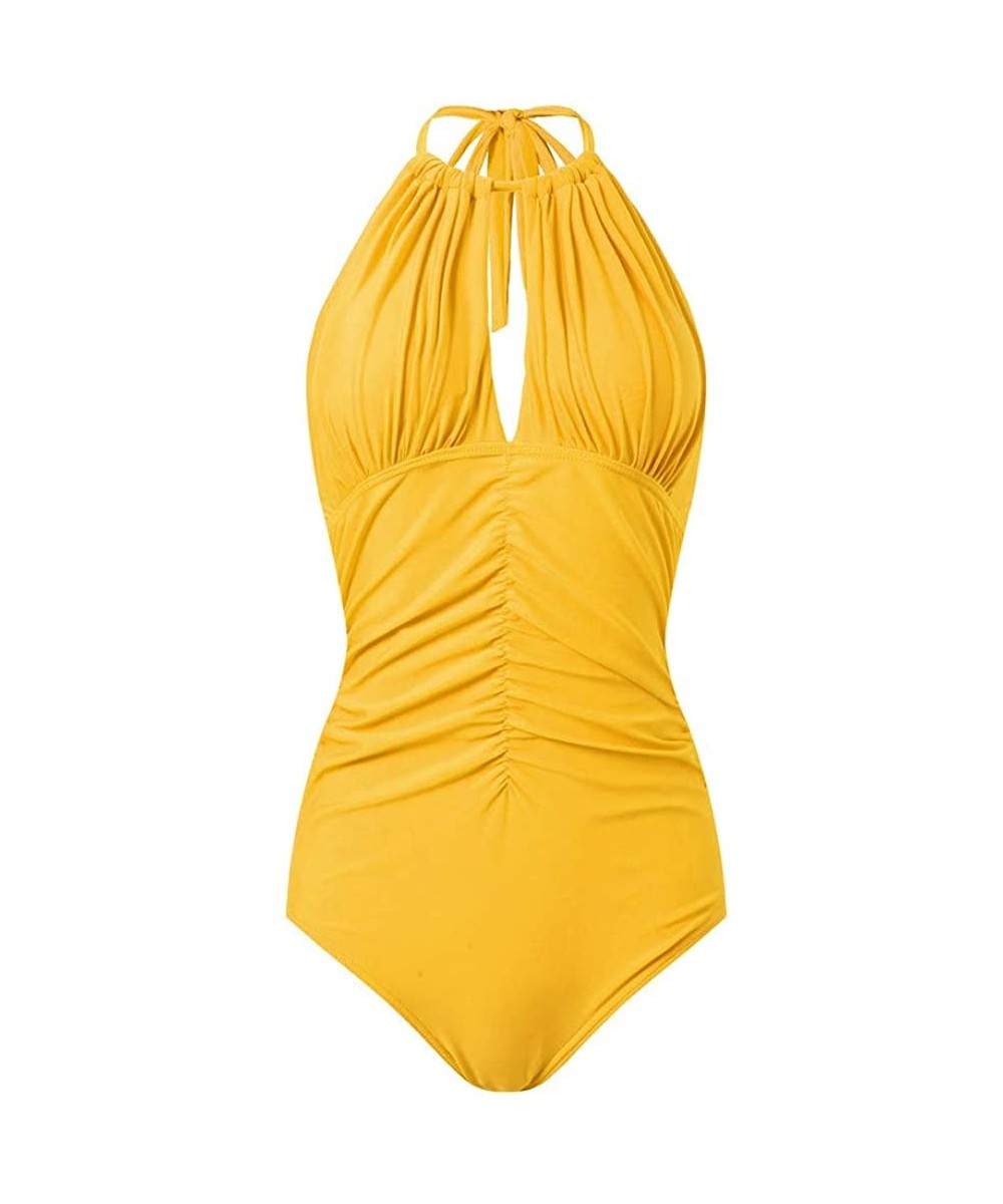 One Piece Swimsuits for Women High Neck Halter Monokini Tummy Control Womens Swimsuits - Yellow - C718R0R2MLX $23.71-One-Pieces