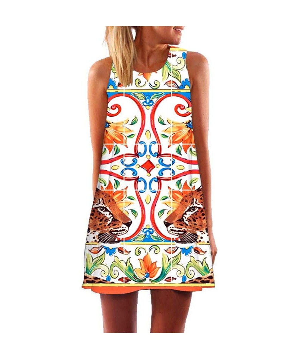 Women's Vintage Boho Summer Sleeveless Beach Printed Short Mini Dress Sleeveless Floral Tank Dress Casual Tunic Dresses - E-w...