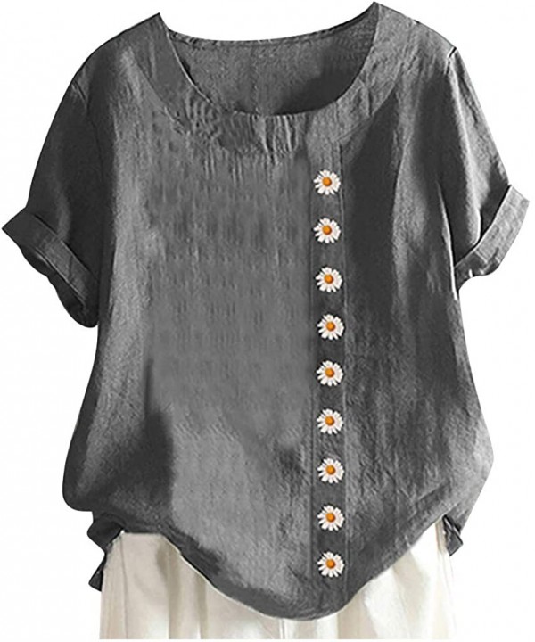 Short Sleeve Tee Blouse for Women-Women Linen Dandelion Print Button Blouses Boat Neck T Shirt Tops - Gray - CA198SG6QG3 $23....