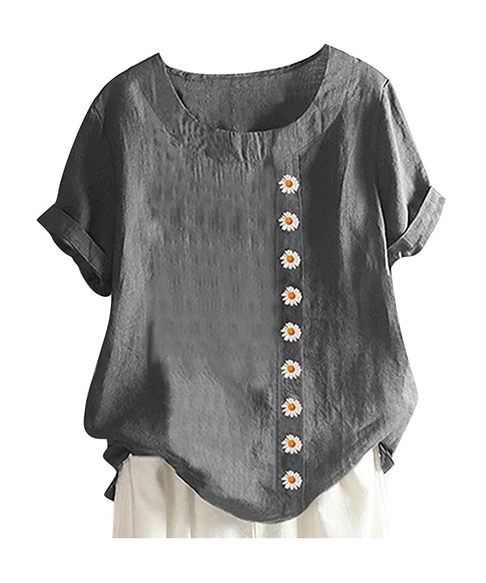 Short Sleeve Tee Blouse for Women-Women Linen Dandelion Print Button Blouses Boat Neck T Shirt Tops - Gray - CA198SG6QG3 $23....