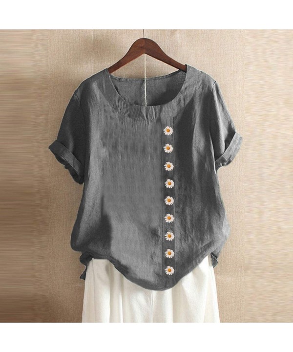 Short Sleeve Tee Blouse for Women-Women Linen Dandelion Print Button Blouses Boat Neck T Shirt Tops - Gray - CA198SG6QG3 $23....