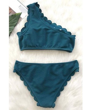 Women's Swimsuits Two Pieces Rain of Petals Solid Wavy Edge One-Shoulder Bikini Set Sexy Swimwear Bathing Suits - Army Green ...