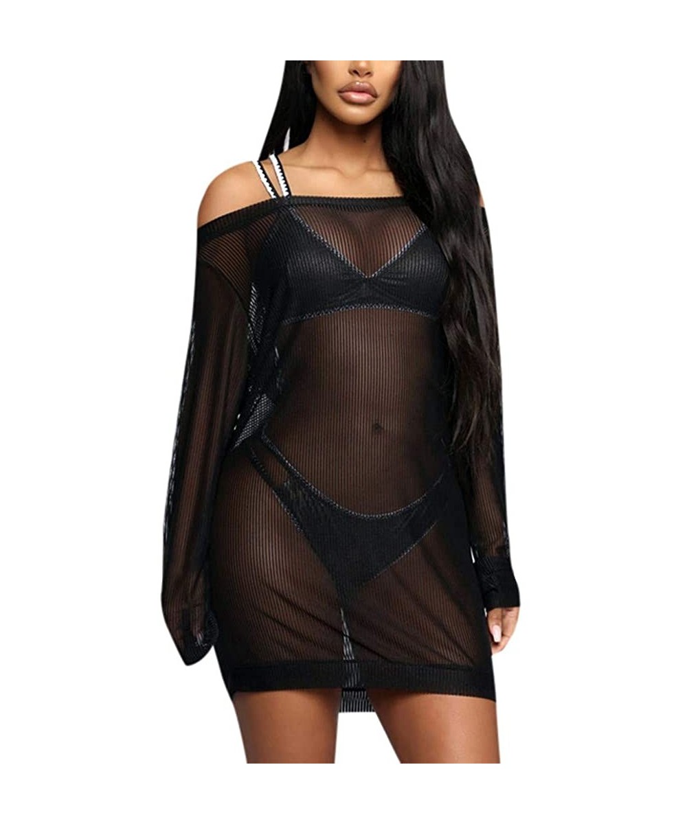 Women Swimsuit Beach Cover Up Shirt Bikini Beachwear Bathing Suit Blouse Tops - Black - CX18UMIN7IX $15.15-Cover-Ups