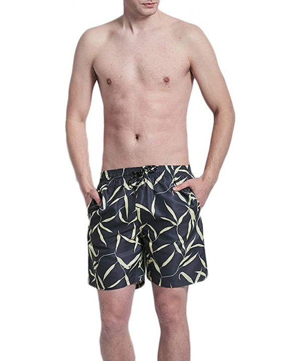 Men Swim Trunk with Mesh Lining Print Bathing Suit - Black Leaves - CU18WCWX5AM $19.06-Trunks