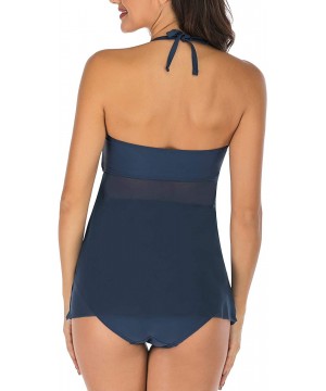 Swimsuits for Women with Twist Front Halter Two Piece Bathing Suits Mesh Flyaway Bandeau Tankini Set - Navy - CJ18WESLHR4 $22...