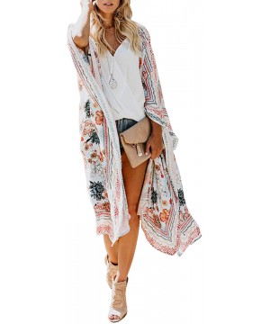 Womens Chiffon Long Kimono Cardigans Boho Floral 0pen Front Cover Ups Shawl Robes - 1floral Print - CA18S0YTTWY $21.26-Cover-Ups