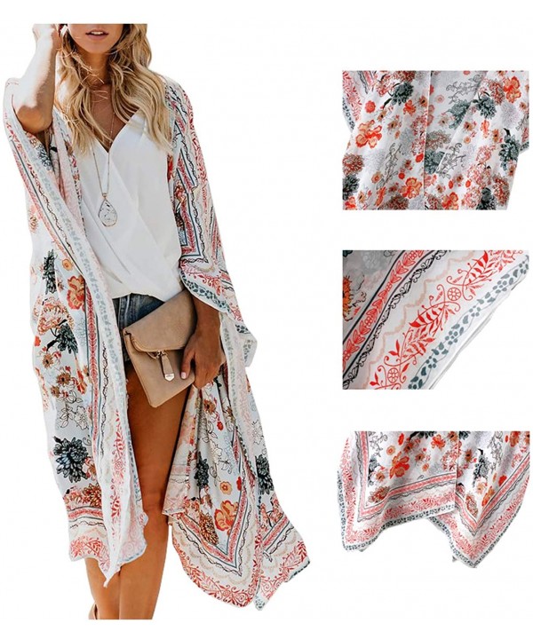 Womens Chiffon Long Kimono Cardigans Boho Floral 0pen Front Cover Ups Shawl Robes - 1floral Print - CA18S0YTTWY $21.26-Cover-Ups