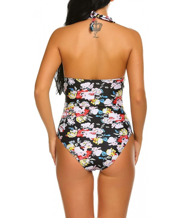 Women's One Piece High Waisted Swimsuits Halter Neck Bathing Suit Tummy Control Swimdress Skirtini Monokini Swimwear - C-patt...