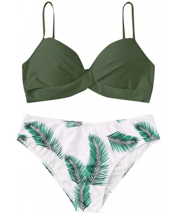 Women Sexy Spaghetti Strap Twist Underwire Push Up Top with Palm Print Buttom Bikini Set Swimsuits - Army-green - CO198XTKW2Q...