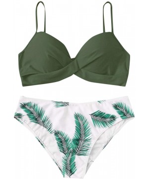 Women Sexy Spaghetti Strap Twist Underwire Push Up Top with Palm Print Buttom Bikini Set Swimsuits - Army-green - CO198XTKW2Q...