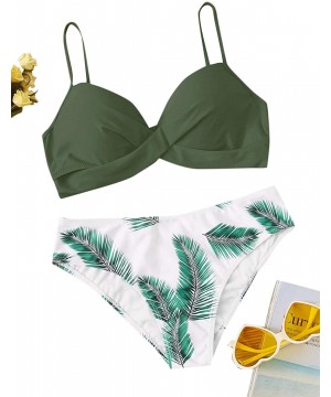 Women Sexy Spaghetti Strap Twist Underwire Push Up Top with Palm Print Buttom Bikini Set Swimsuits - Army-green - CO198XTKW2Q...