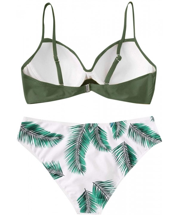 Women Sexy Spaghetti Strap Twist Underwire Push Up Top with Palm Print Buttom Bikini Set Swimsuits - Army-green - CO198XTKW2Q...