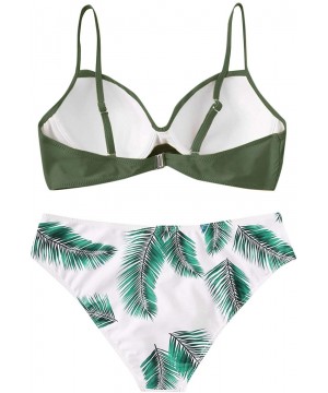 Women Sexy Spaghetti Strap Twist Underwire Push Up Top with Palm Print Buttom Bikini Set Swimsuits - Army-green - CO198XTKW2Q...