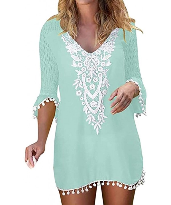 Swimsuit Cover Ups for Women Pom Pom Trim Tassel Lace Crochet Swimwear Beach Cover Up - Green - CO196OW890M $13.89-Rash Guards