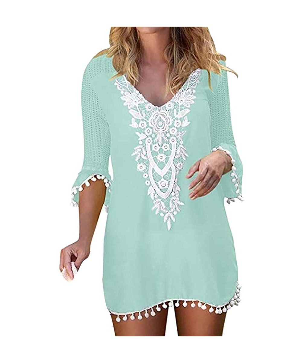 Swimsuit Cover Ups for Women Pom Pom Trim Tassel Lace Crochet Swimwear Beach Cover Up - Green - CO196OW890M $13.89-Rash Guards