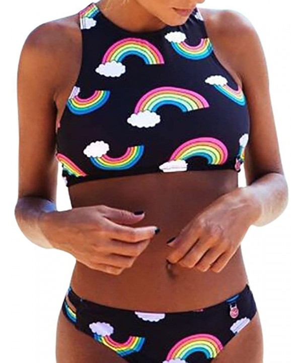 Womens Sexy Two Piece Rainbow Print Swimmer Push Up Swimsuit Bikini Set - Black - C018C7MY3OD $10.35-Sets