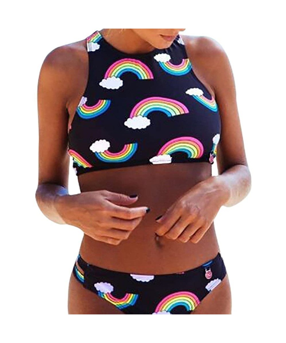 Womens Sexy Two Piece Rainbow Print Swimmer Push Up Swimsuit Bikini Set - Black - C018C7MY3OD $10.35-Sets