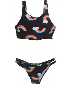 Womens Sexy Two Piece Rainbow Print Swimmer Push Up Swimsuit Bikini Set - Black - C018C7MY3OD $10.35-Sets