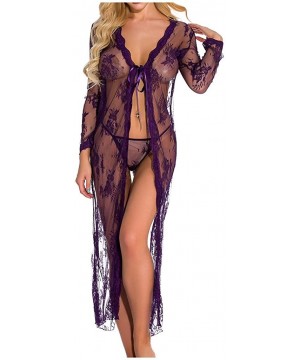 Women Sexy Long Lace Dress Sheer Gown See Through Lingerie Kimono Robe Swimsuit Cover Up - Purple - CI18AGK0ME4 $10.41-Cover-Ups