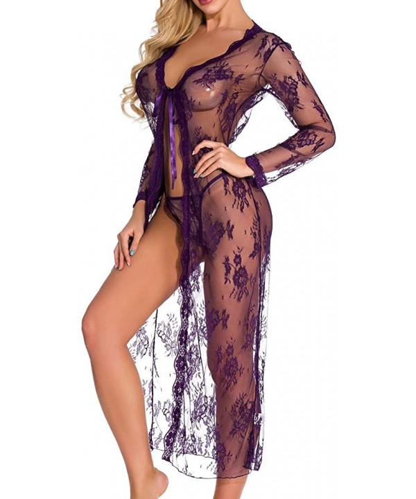 Women Sexy Long Lace Dress Sheer Gown See Through Lingerie Kimono Robe Swimsuit Cover Up - Purple - CI18AGK0ME4 $10.41-Cover-Ups