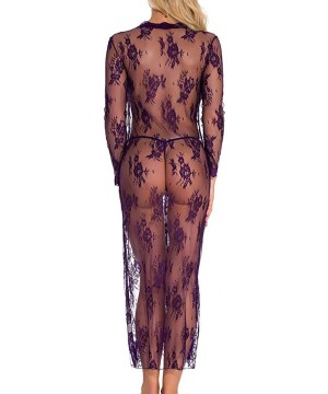 Women Sexy Long Lace Dress Sheer Gown See Through Lingerie Kimono Robe Swimsuit Cover Up - Purple - CI18AGK0ME4 $10.41-Cover-Ups