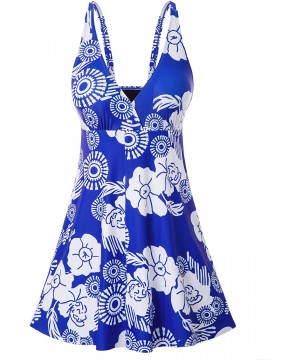 Womens One-Piece Swimsuit Deep V-Neck Bathing Suit Cover up Skirtini Floral Swimwear S-XXL - Blue - CS193LLX3QT $17.20-One-Pi...