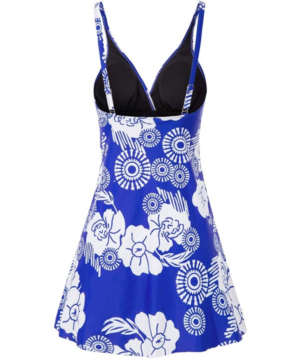 Womens One-Piece Swimsuit Deep V-Neck Bathing Suit Cover up Skirtini Floral Swimwear S-XXL - Blue - CS193LLX3QT $17.20-One-Pi...