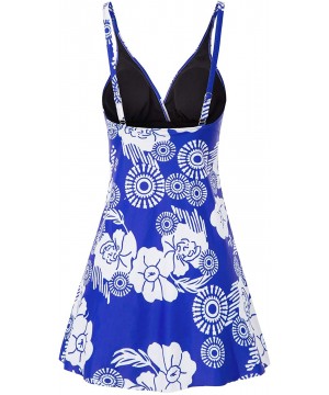 Womens One-Piece Swimsuit Deep V-Neck Bathing Suit Cover up Skirtini Floral Swimwear S-XXL - Blue - CS193LLX3QT $17.20-One-Pi...