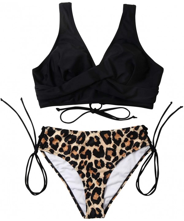 Women Criss Cross Strap Floral Printed Tie Side Cheeky 2 Piece Swimsuits - Black Leopard - CF190MISR70 $25.86-Sets