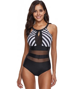 One Piece Cut Out Colorblock Stripe Sheer Mesh Spliced Padded Swimsuit Monokini Black White - Black White - C418NLT07D7 $24.2...