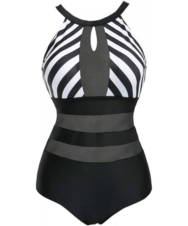 One Piece Cut Out Colorblock Stripe Sheer Mesh Spliced Padded Swimsuit Monokini Black White - Black White - C418NLT07D7 $24.2...