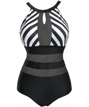 One Piece Cut Out Colorblock Stripe Sheer Mesh Spliced Padded Swimsuit Monokini Black White - Black White - C418NLT07D7 $24.2...