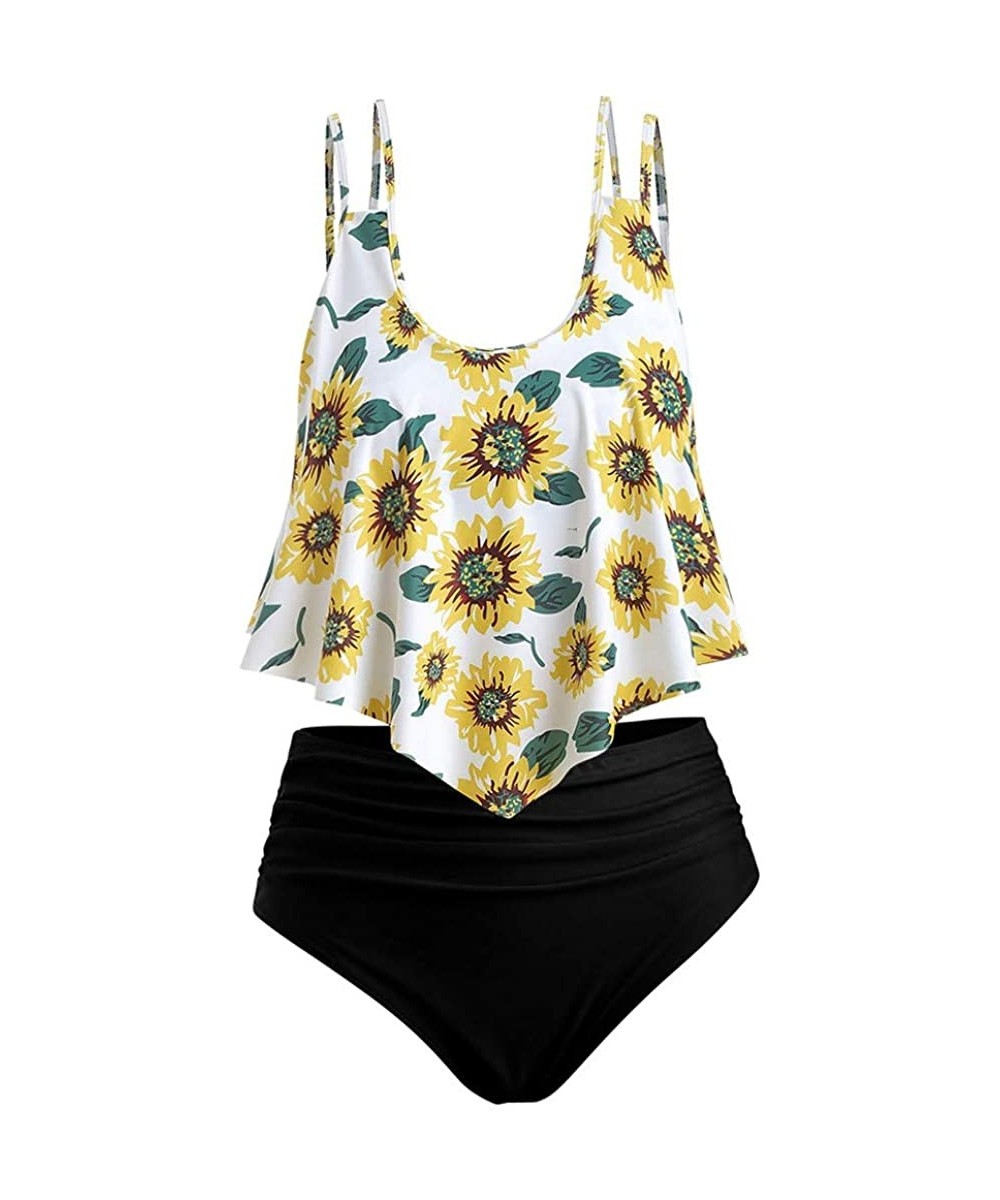 Bathing Suit Two Piece Ruffled Top with High Waisted Bottom Bikini Sets Sunflower Floral Print Tankini Sunflower_black - CA19...