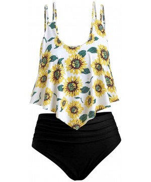 Bathing Suit Two Piece Ruffled Top with High Waisted Bottom Bikini Sets Sunflower Floral Print Tankini Sunflower_black - CA19...