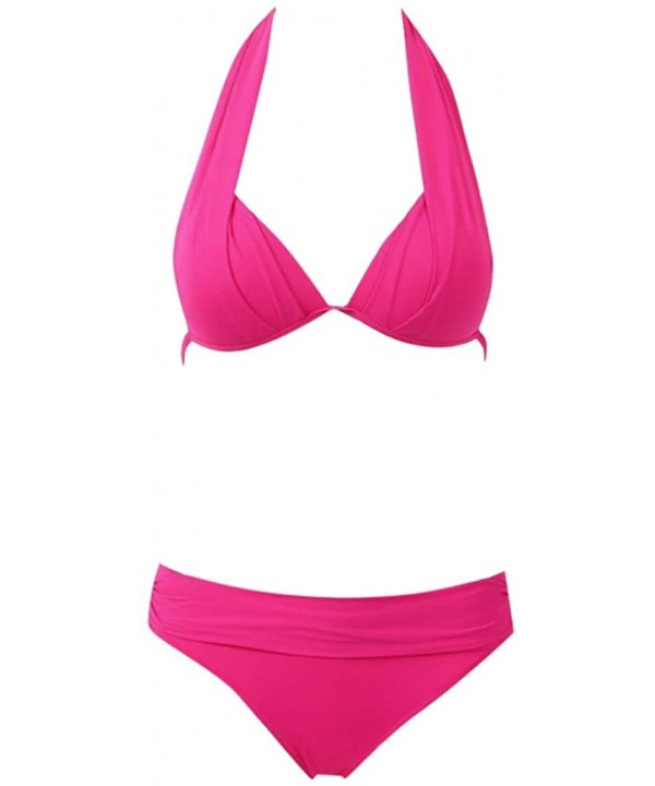 Women's Bikini Set Swimsuit Solid Color Ruched Halter Neck Two-Piece Bathing Suit Beachwear - Magenta - C5194TR0XZH $10.09-Sets